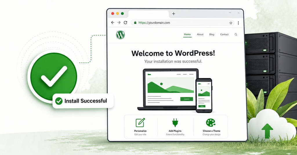 GreenGeeks illustration of confirming a wordpress install succeeded for how to install wordpress for the first time without stress