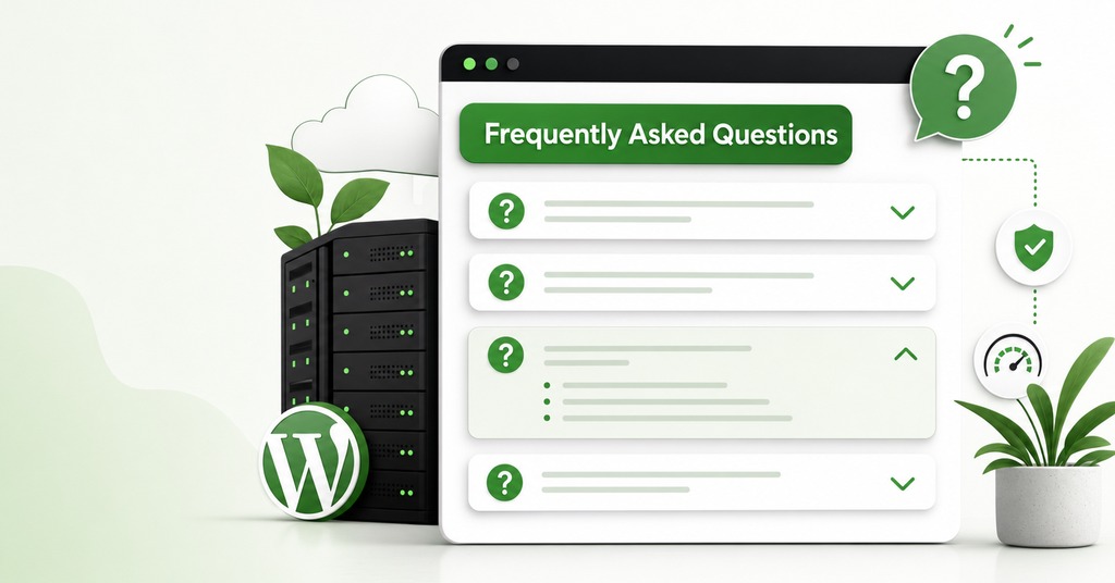 GreenGeeks illustration of frequently asked questions for how to install wordpress for the first time without stress