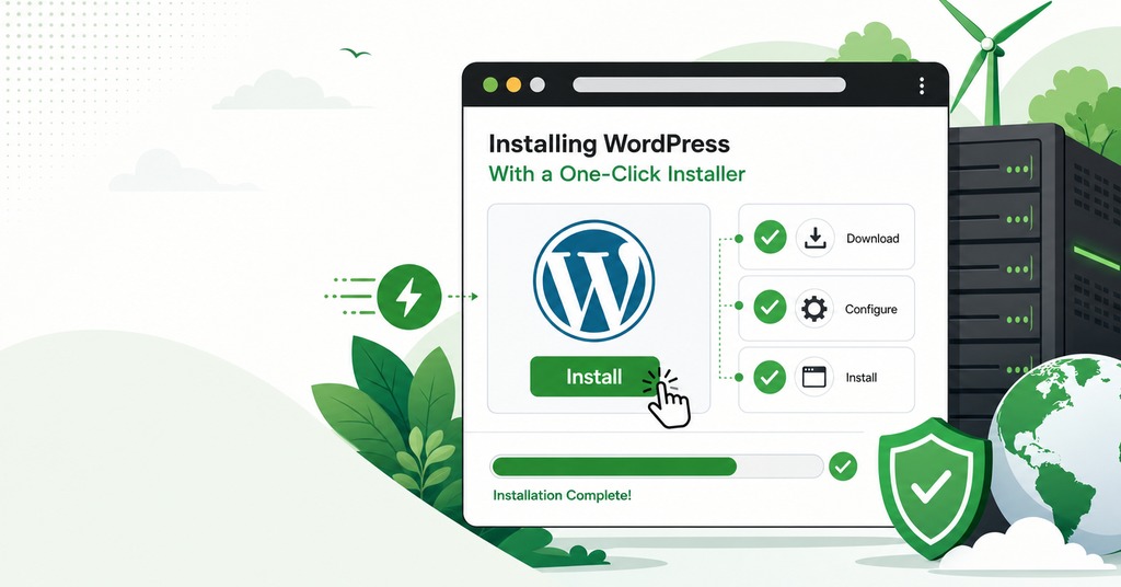 GreenGeeks illustration of installing wordpress with a one-click installer for how to install wordpress for the first time without stress