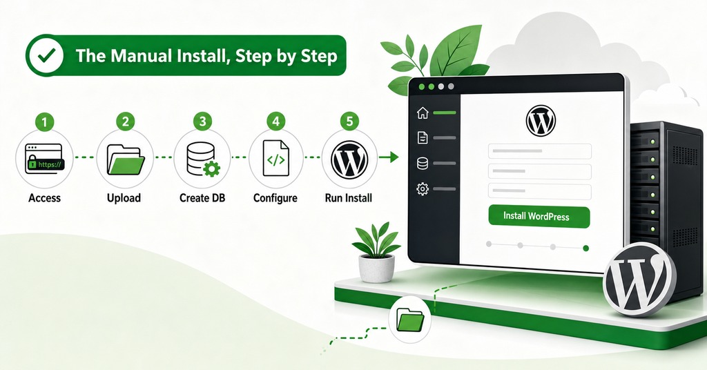 GreenGeeks illustration of the manual install, step by step for how to install wordpress for the first time without stress