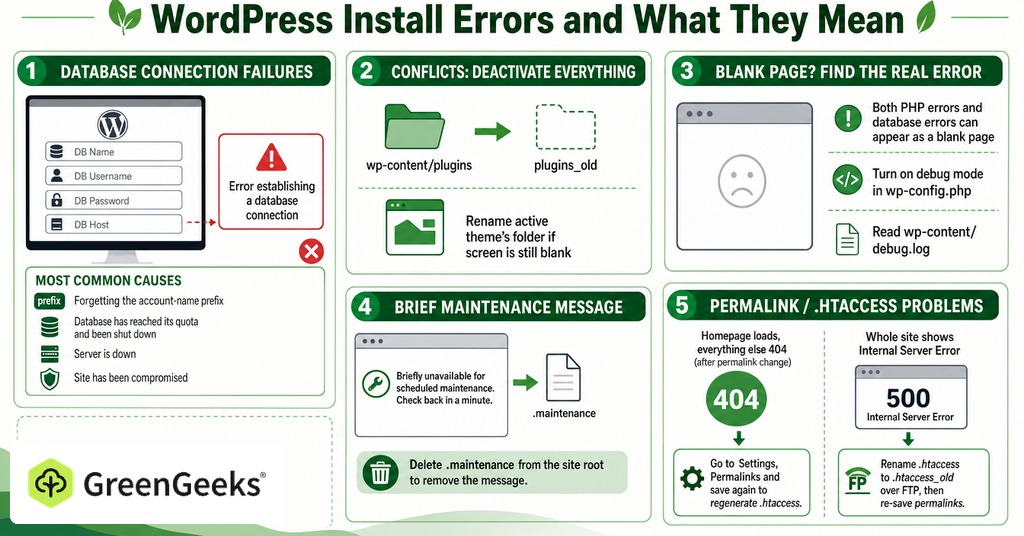 GreenGeeks infographic explaining wordpress install errors and what they mean for how to install wordpress for the first time without stress