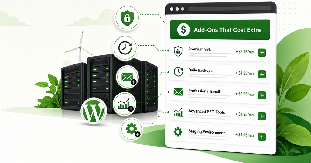 GreenGeeks illustration of add-ons that cost extra on managed plans for managed hosting