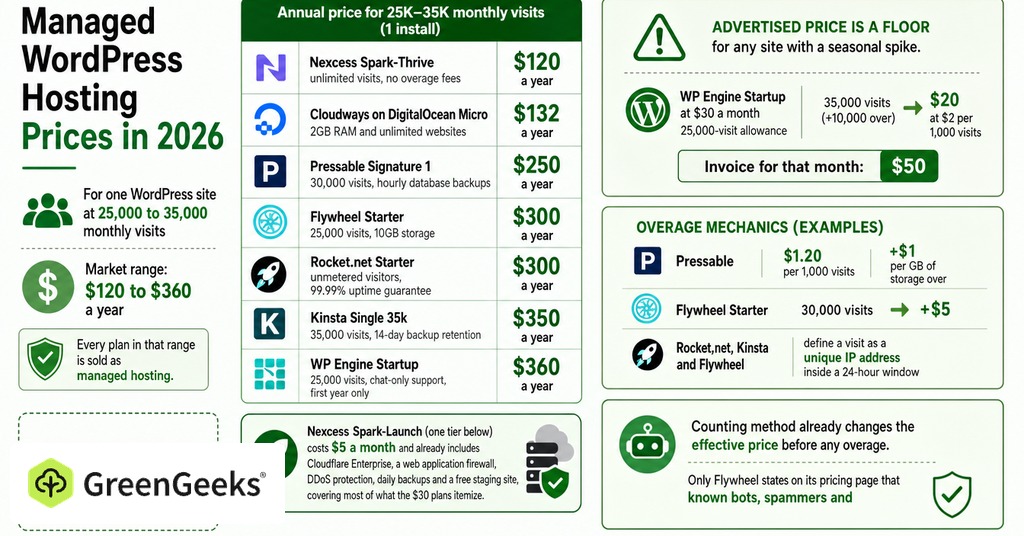 GreenGeeks infographic explaining managed wordpress hosting prices in 2026 for managed hosting