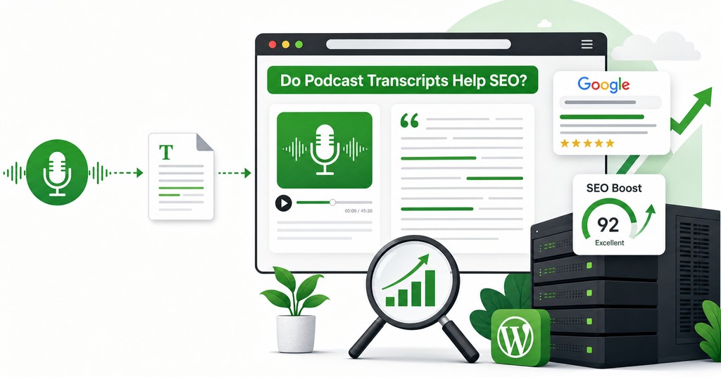 GreenGeeks illustration of do podcast transcripts help seo? for podcast website hosting