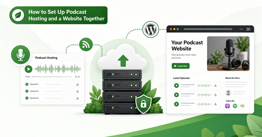 GreenGeeks illustration of how to set up podcast hosting and a website together for podcast website hosting