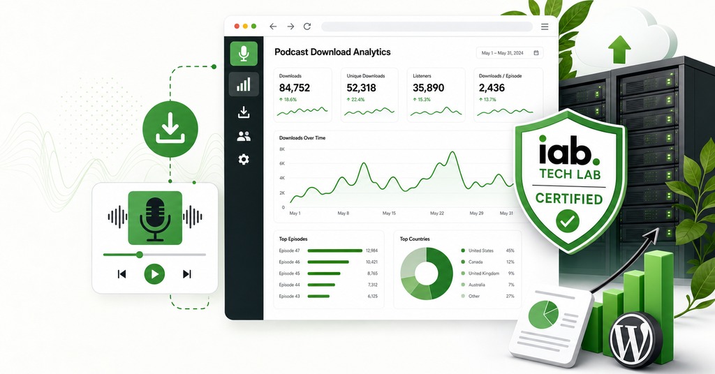 GreenGeeks illustration of podcast download analytics and iab certification for podcast website hosting