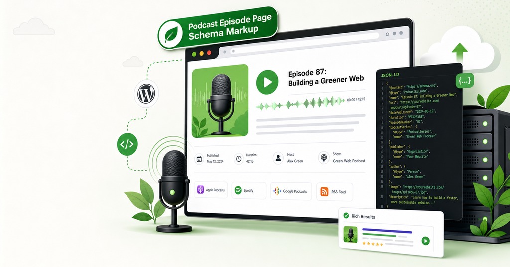 GreenGeeks illustration of podcast episode page schema markup for podcast website hosting