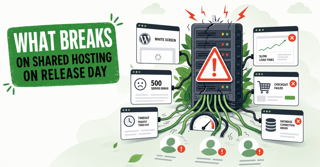 GreenGeeks illustration of what breaks on shared hosting on release day for podcast website hosting