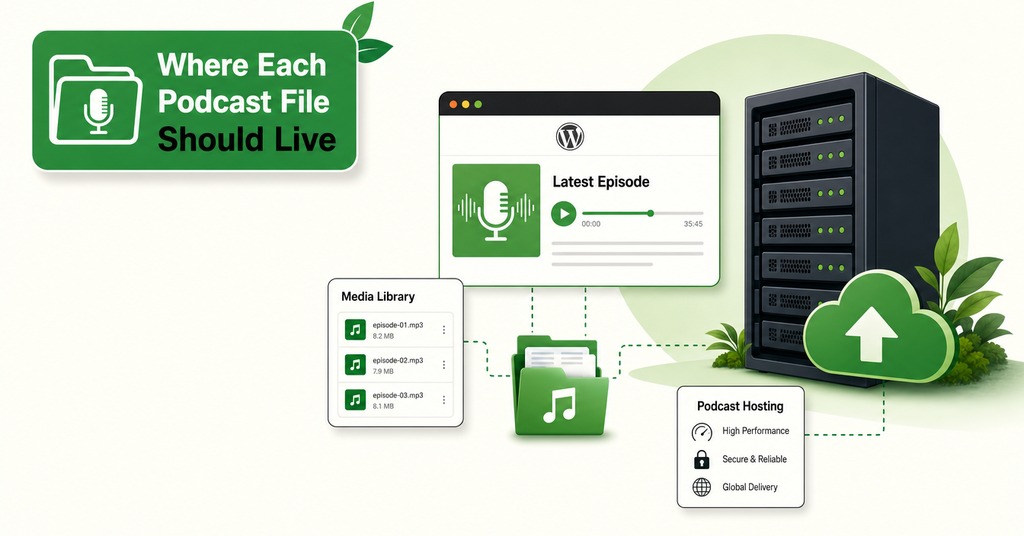 GreenGeeks illustration of where each podcast file should live for podcast website hosting