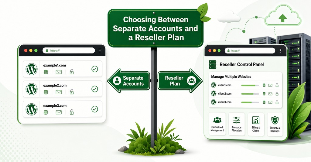 GreenGeeks illustration of choosing between separate accounts and a reseller plan for reseller hosting
