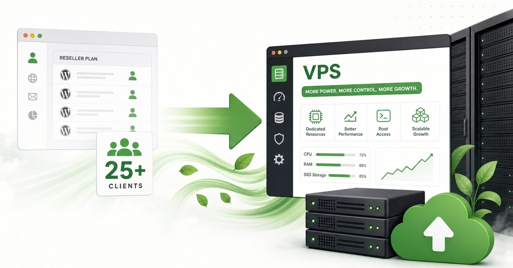 GreenGeeks illustration of moving from a reseller plan to a vps past 25 clients for reseller hosting