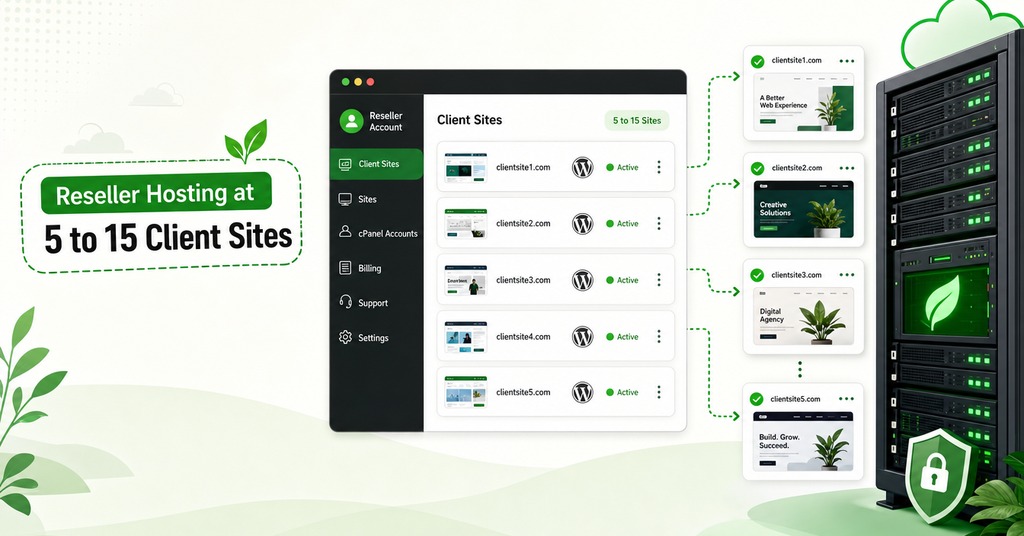 GreenGeeks illustration of reseller hosting at 5 to 15 client sites for reseller hosting