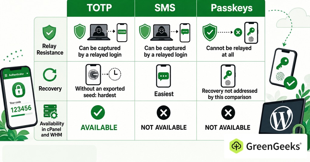 GreenGeeks infographic explaining totp, sms and passkeys compared for two factor authentication for hosting & why it matters
