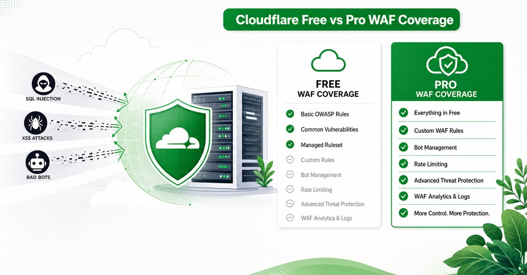 GreenGeeks illustration of cloudflare free vs pro waf coverage for web application firewall