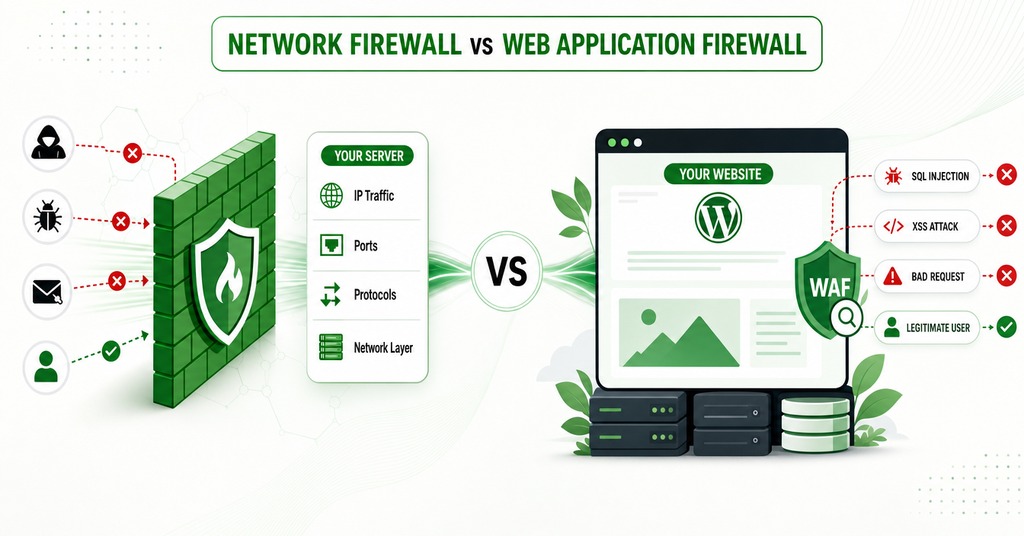 GreenGeeks illustration of network firewall vs web application firewall for web application firewall