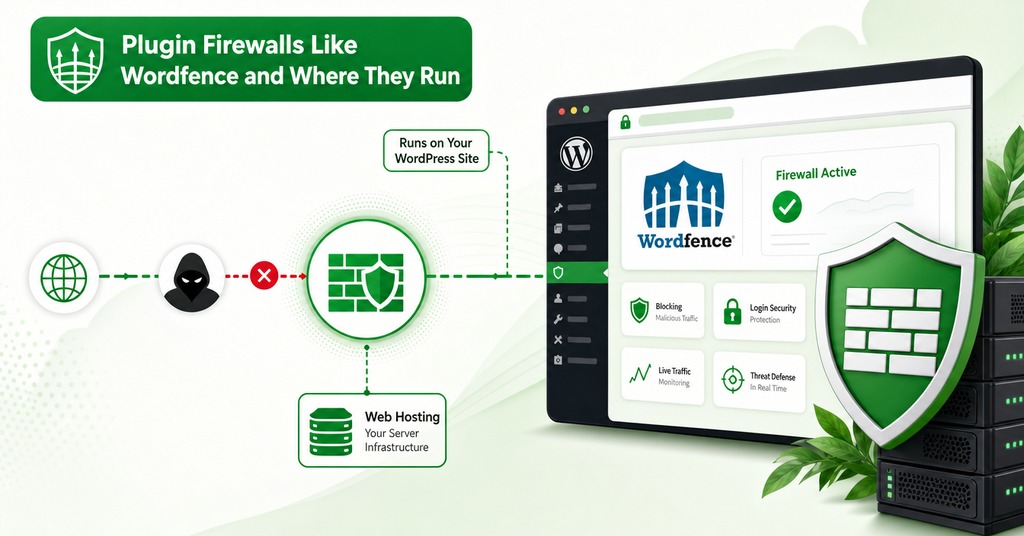 GreenGeeks illustration of plugin firewalls like wordfence and where they run for web application firewall