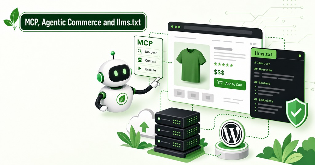GreenGeeks illustration of mcp, agentic commerce and llms.txt for what is an api & how ai tools use it to reach your site