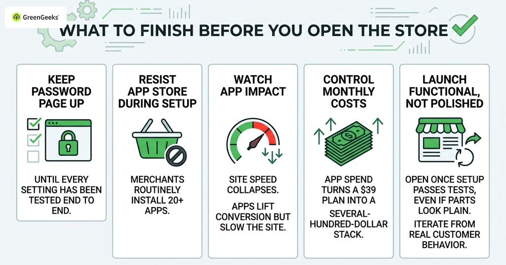 GreenGeeks infographic explaining what to finish before you open the store for how to set up an online store for the first time