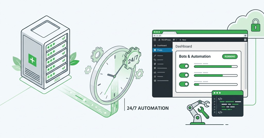 Illustration of running bots and automation around the clock for vps hosting for the side projects and apps you want to run