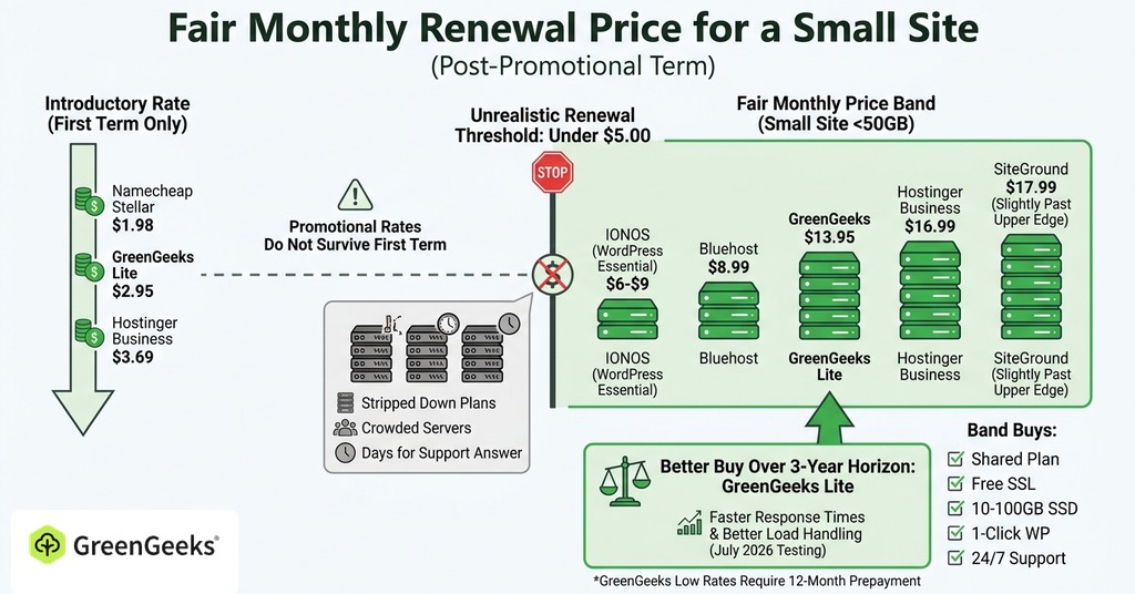 GreenGeeks infographic explaining what a fair monthly price looks like for a small site for website hosting cost