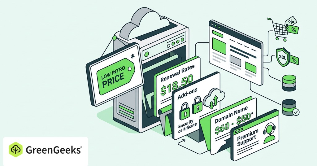 GreenGeeks illustration of why the price on the homepage is not the real price for website hosting cost