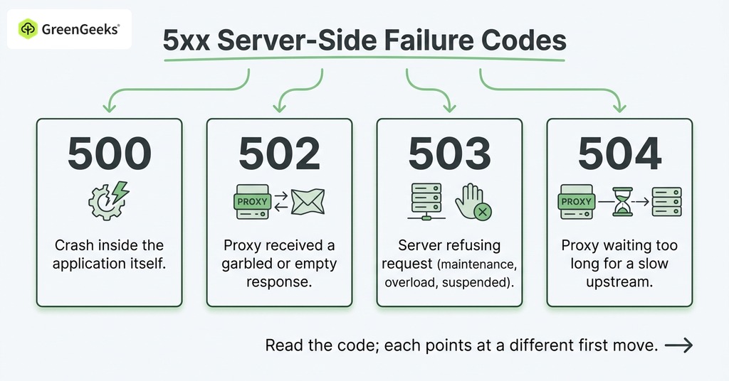 GreenGeeks infographic explaining what the 5xx codes tell you for website not loading suddenly