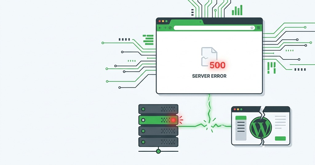 Illustration of wordpress crashes: white screens and 500 errors for website not loading suddenly