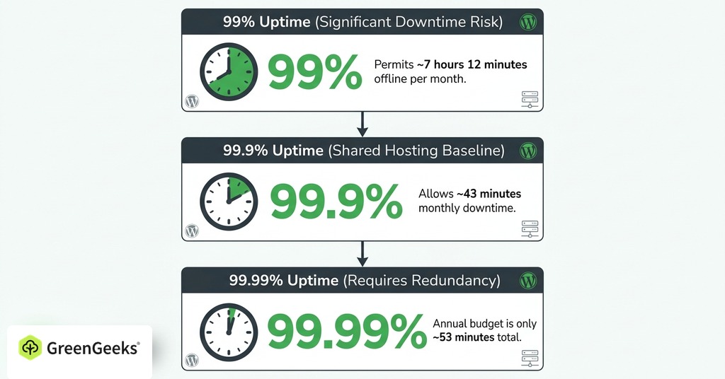 GreenGeeks infographic explaining what the uptime percentages permit for website uptime monitoring