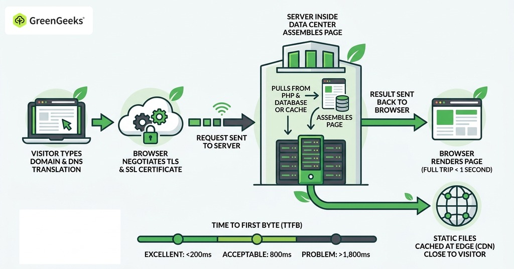 GreenGeeks infographic explaining how a request travels from the data center to a visitor for what is a data center & how it connects to your website
