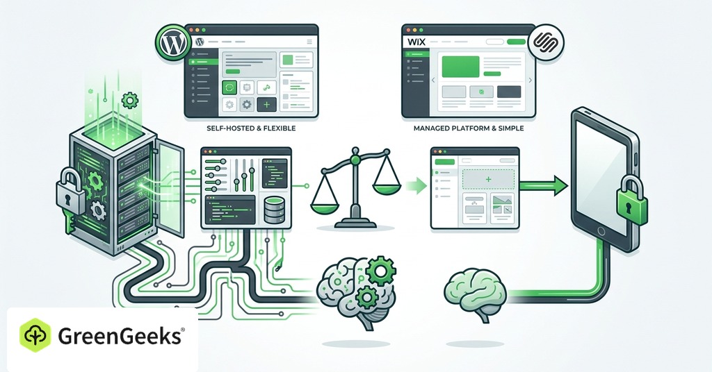 GreenGeeks illustration of is wordpress harder to learn than wix or squarespace for wordpress vs a website builder