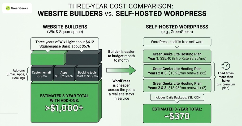 GreenGeeks infographic explaining three-year cost: wordpress vs wix and squarespace for wordpress vs a website builder