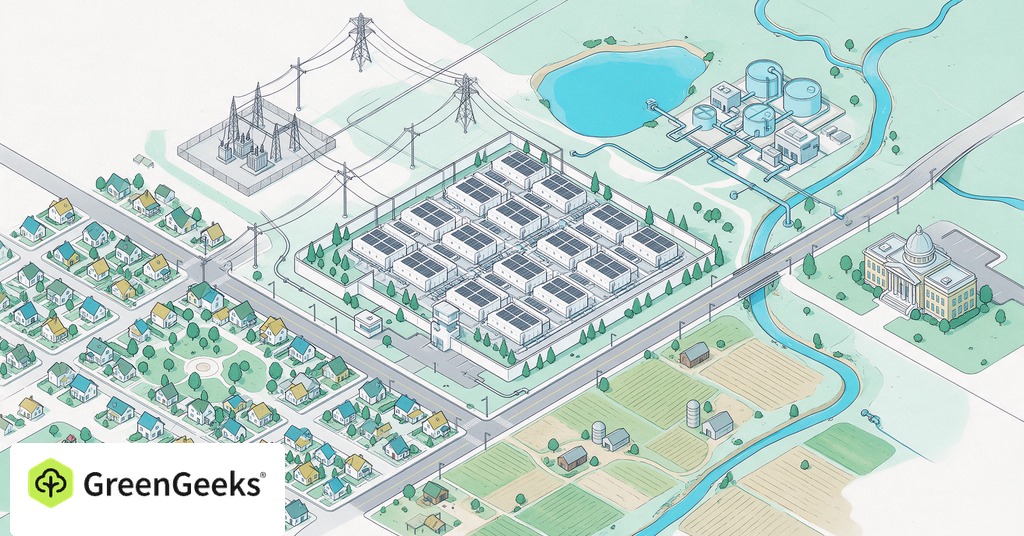GreenGeeks editorial illustration for AI Data Centers Are Becoming a Local Fight Over Power, Water and Land