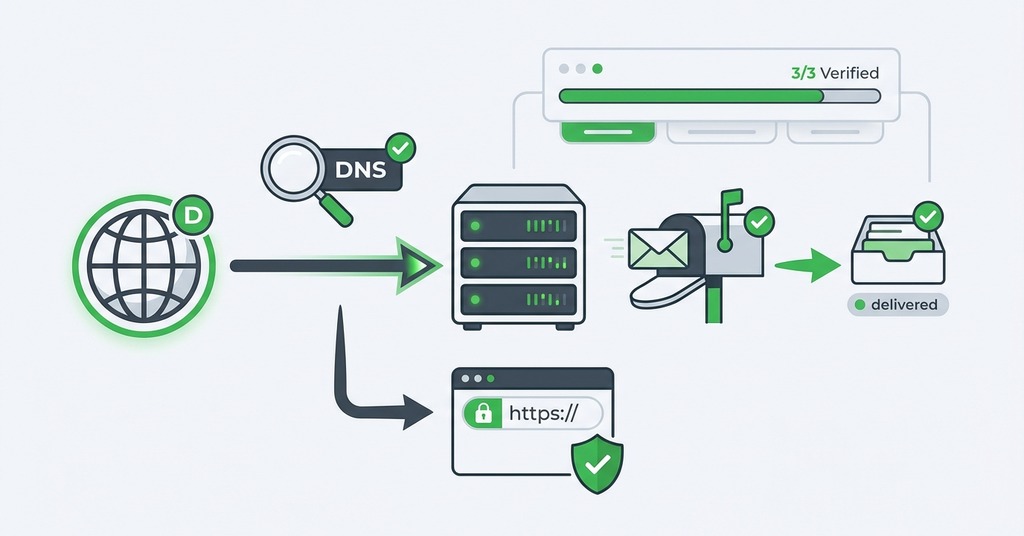 Illustration of verify dns, https, and email for i bought a domain, now what