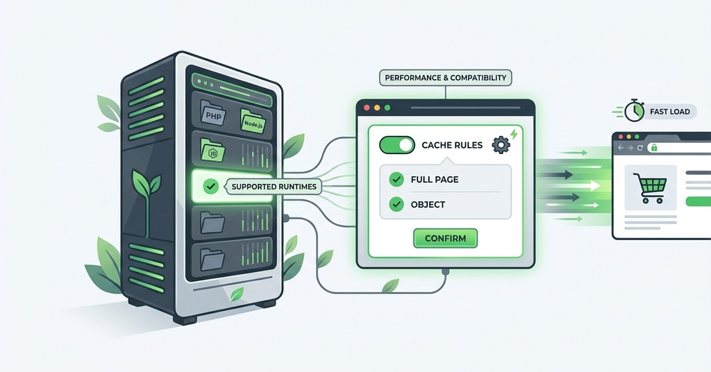 Illustration of choose supported runtimes and cache rules for ecommerce hosting