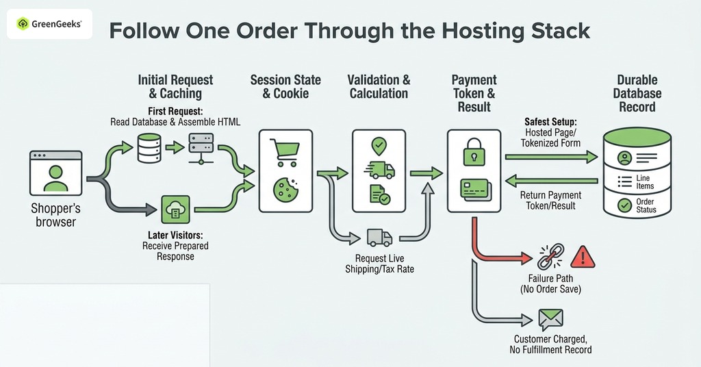 GreenGeeks infographic explaining follow one order through the hosting stack for ecommerce hosting