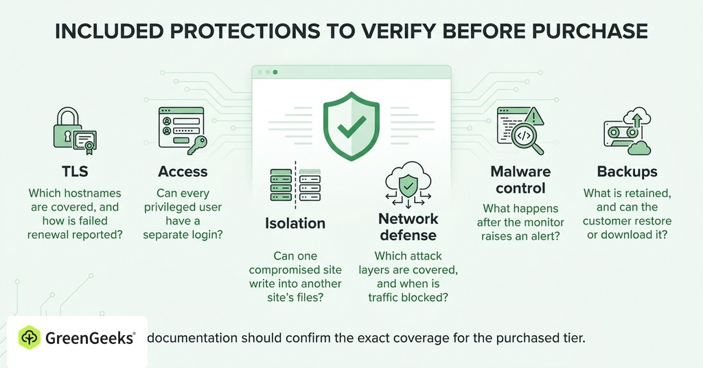 GreenGeeks infographic explaining included protections to verify before purchase for secure web hosting