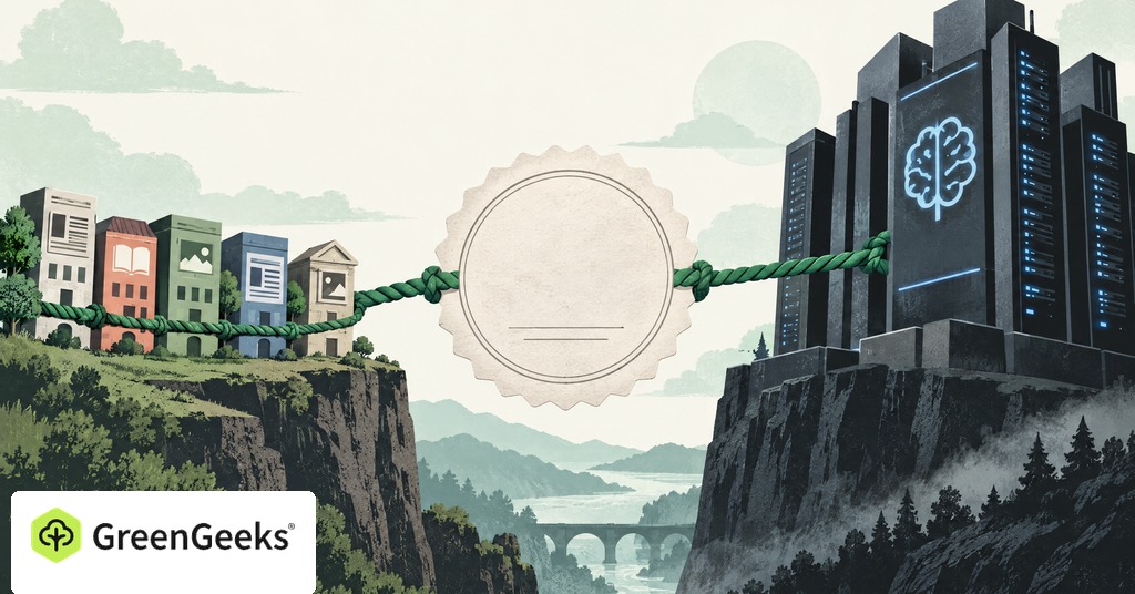 GreenGeeks editorial illustration for Small Publishers Need Bargaining Power in AI Content Licensing Deals