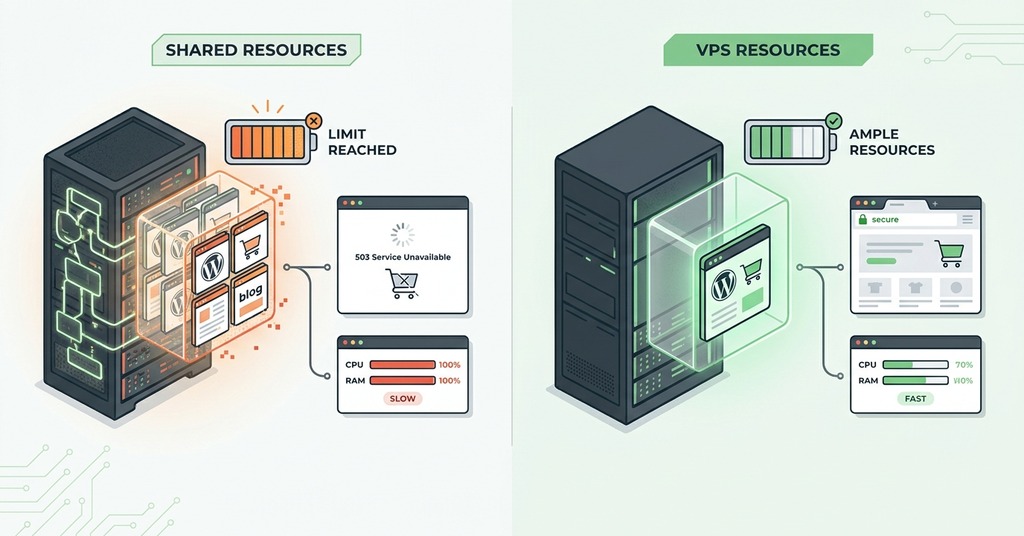 Illustration of resource limits and site symptoms for vps vs shared hosting