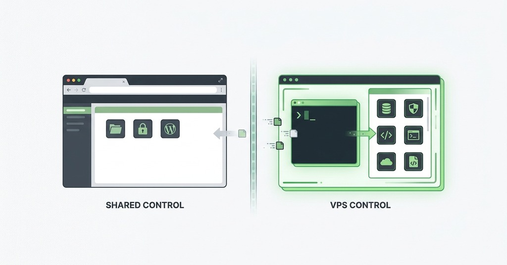 Illustration of server control and software requirements for vps vs shared hosting