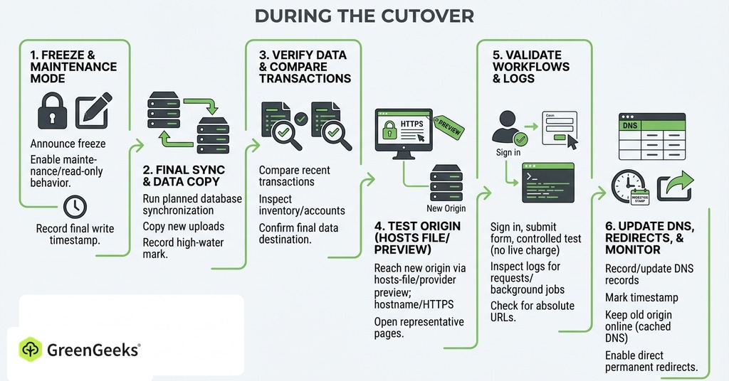 GreenGeeks infographic explaining during the cutover for website migration checklist