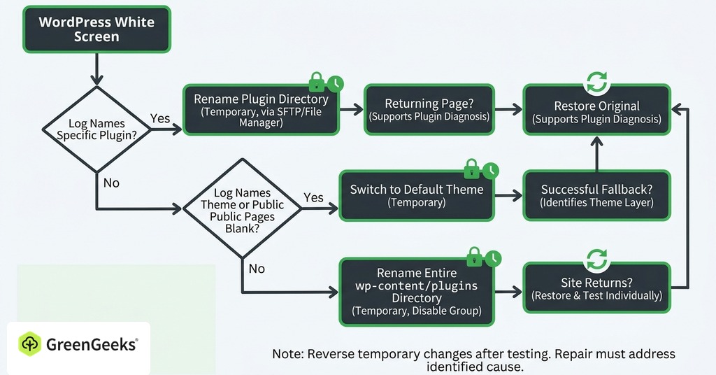 GreenGeeks infographic explaining isolate the most likely component for wordpress white screen of death