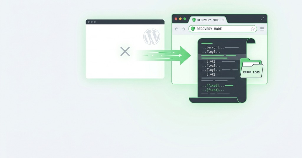 Illustration of use recovery mode and private error logs for wordpress white screen of death