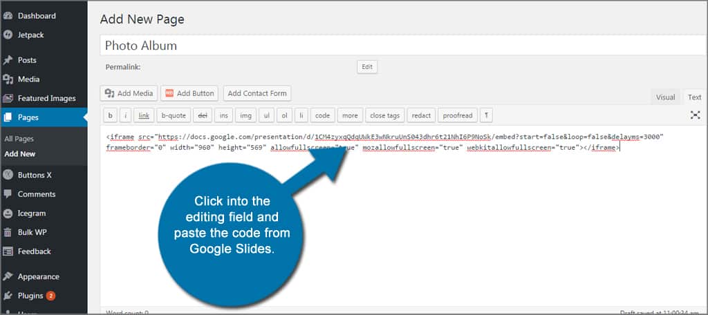 WordPress Paste Google Slides Code