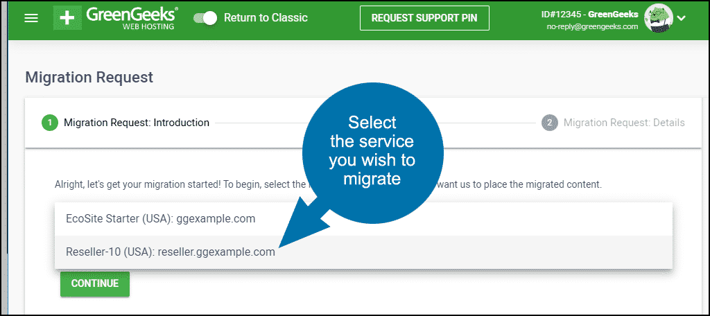 GreenGeeks dashboard reseller site migration step 2