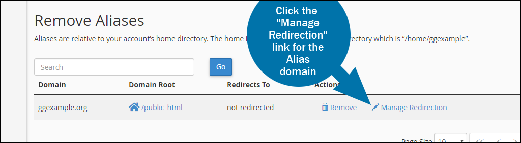 cPanel alias domain redirection step 1