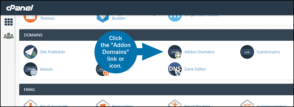 cPanel select section DOMAINS Addon Domains