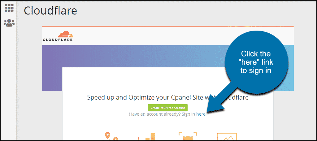 log in to Cloudflare using the "Sign in here" link
