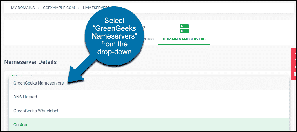 select “GreenGeeks Nameservers” from the drop-down