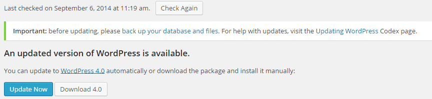 WordPress 4.0 Update Screen