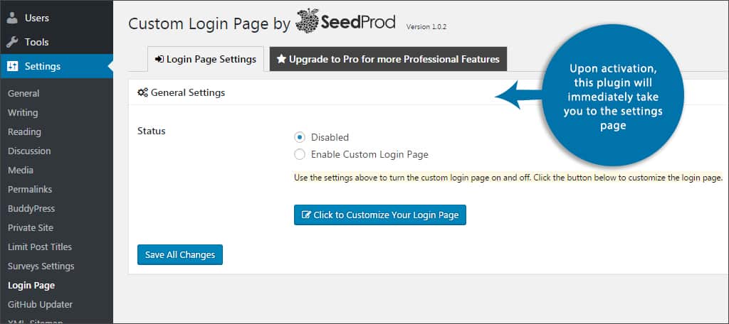 plugin settings page